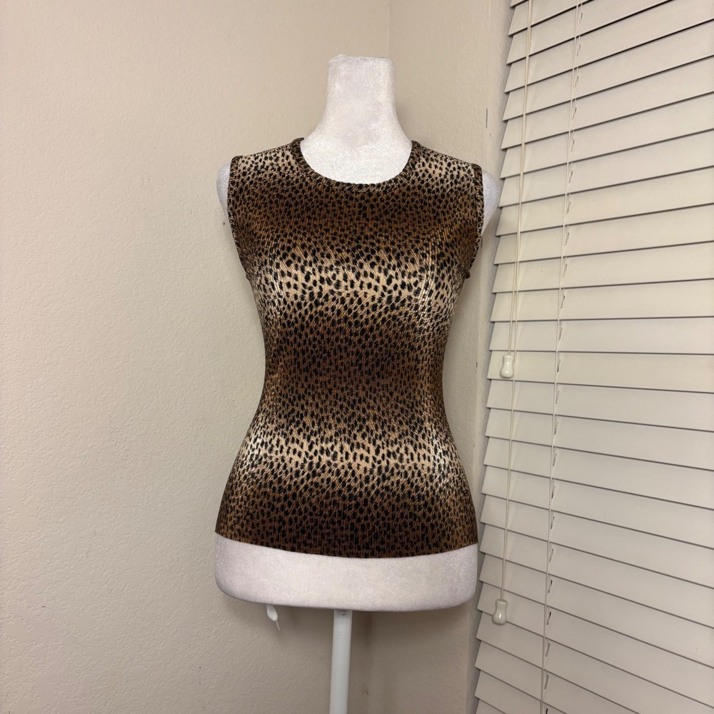 Vintage 90s Retro Crinkle Leopard Print Plisse Pleated Sleeveless Top Size M